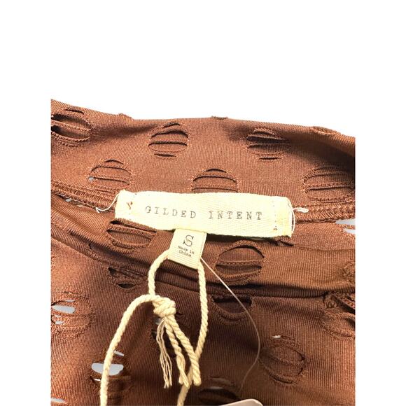 NWT Glided Intent Brown Distressed Long Sleeve Top w/ Cutouts Size Small - Picture 9 of 12